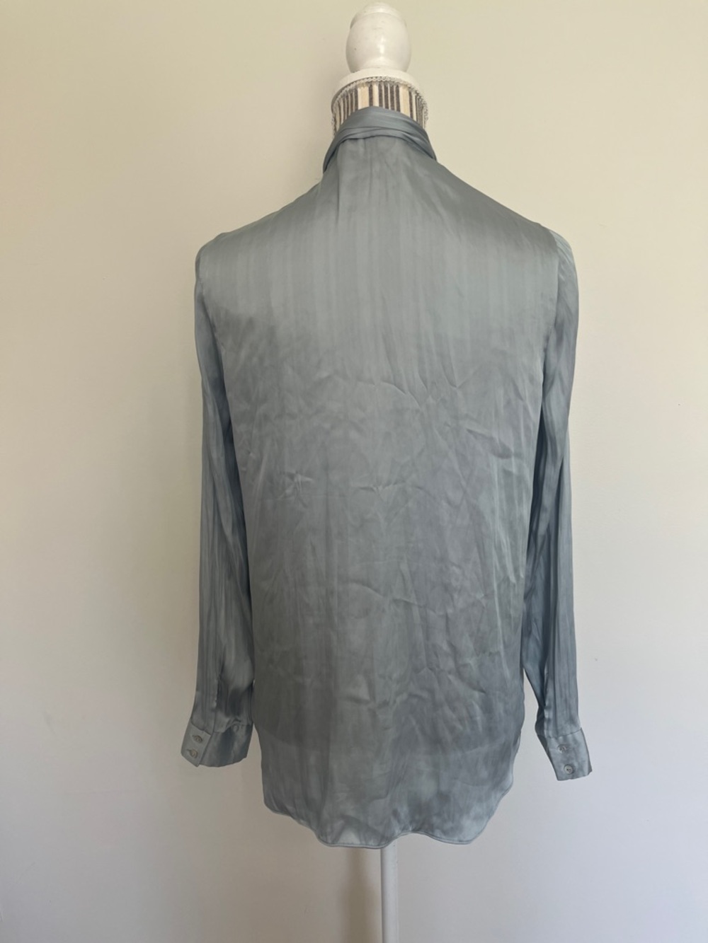 Zara - Dusty Blue Satin Bow-Neck Blouse - Picture 4 of 9